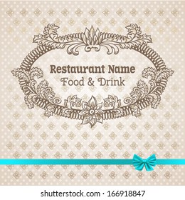Retro illustration restaurant menu design. Vector vintage baroque engraving floral scroll filigree design