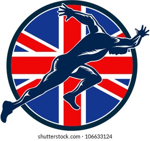 Retro illustration of a runner sprinter running sprinting viewed from side with union jack Great Britain British flag set inside shield on isolated white background.