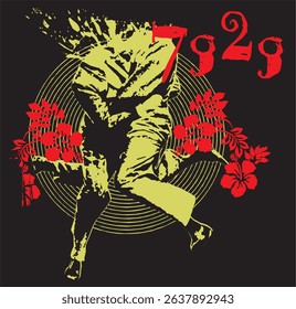 Retro Illustration with Running Figure and Floral Elements