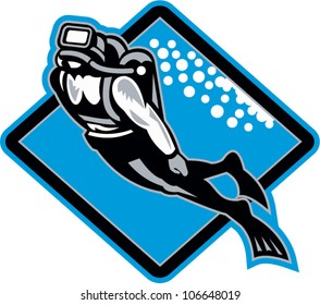 Retro illustration of a scuba diver diving swimming up underwater set inside diamond shape done in woodcut style.