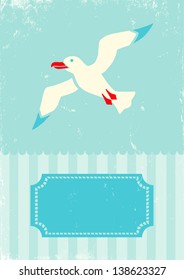 Retro illustration of seagull on turquoise background