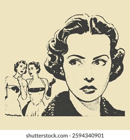 Retro illustration of a serious woman looking away while two other women gossip behind her back. Classic vintage engraving.
