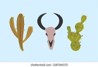 Ilustración retro - conjunto de elementos. Humor de vaquero. Un conjunto de dibujos sobre el tema del oeste salvaje. Dos tipos de cactus, un cráneo de toro.