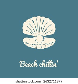 Retro illustration with shell and pearl on blue background and typography Beach chillin' in sketch style. Rough lines and texture. Template for greeting card, logo, social media, print, backdrop.