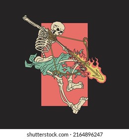 Retro illustration of shooting skeleton with fire arrow