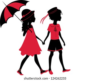 Retro illustration silhouette of children with an umbrella