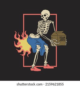 Retro illustration of skeleton with burning pants