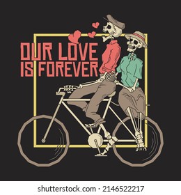 Retro illustration of skeleton couple riding a bike