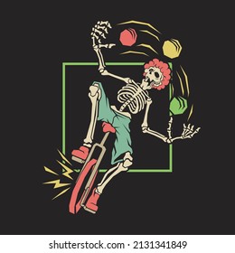 Retro illustration of skeleton doing ball juggling on clown bike