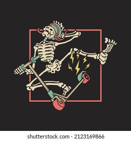 Retro illustration of skeleton doing freestyle on scooter