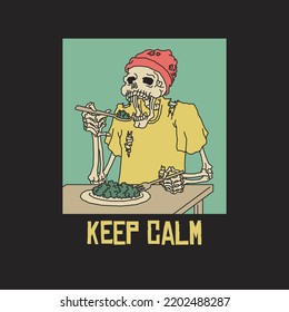Retro illustration of skeleton eating