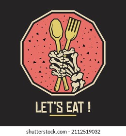 Retro illustration of skeleton hand holding fork and spoon