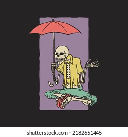 retro illustration of skeleton holding an umbrella
