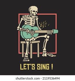 Retro illustration of skeleton playing an acoustic guitar