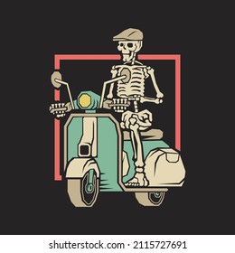 Retro illustration of skeleton riding a scooter