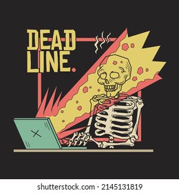 Retro illustration of skeleton shot by laptop