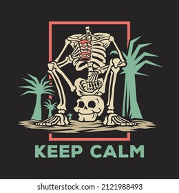 Retro illustration of skeleton sitting on his head