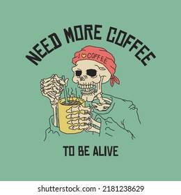 Retro Illustration Of Skeleton Stirring Coffee