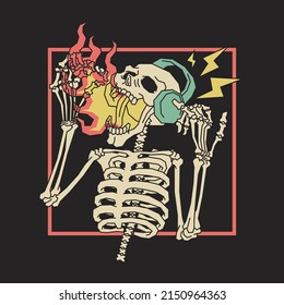 Retro illustration of skeleton wearing a headphone