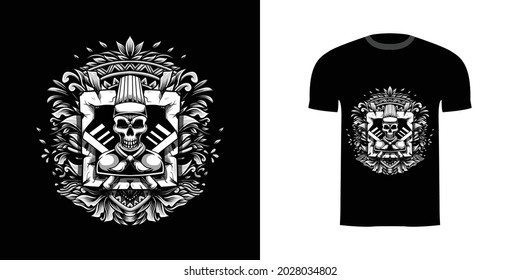 retro illustration skull cheff for tshirt design, badge design character with engraving ornament