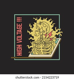 Retro illustration of skull emerging from laptop