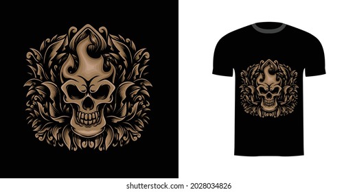 retro illustration skull fire for tshirt design, badge design character with engraving ornament