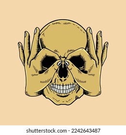 retro illustration Skull and hand okay, Logo, T shirt, Apparel, Poster Isolated on cream Background