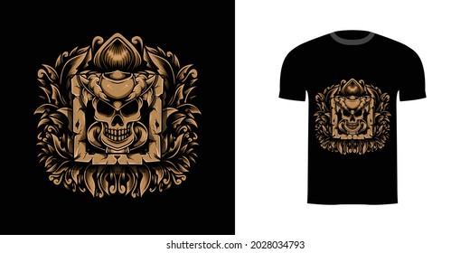 retro illustration skull for tshirt design, badge design character with engraving ornament