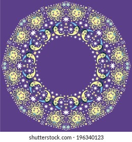 Retro illustration of a smiling sun and moon , fantastic picture, frame, mandala.EPS10 vector.