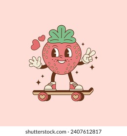 retro illustration of strawberry on a skateboard