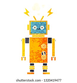 retro illustration style cartoon of a malfunctioning robot