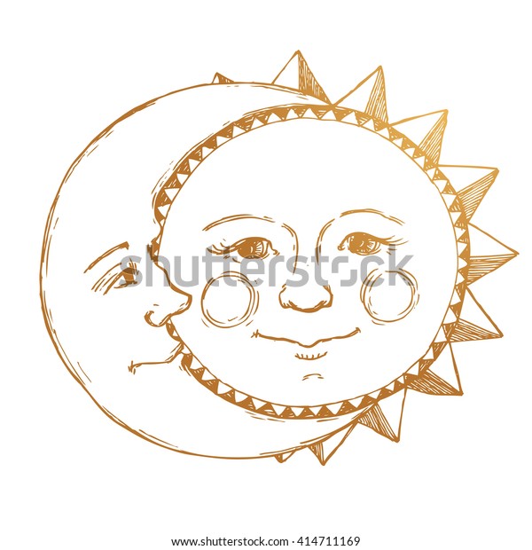 レトロなイラストの太陽と月の顔 タトゥー 線描き ビンテージ描き 金 のベクター画像素材 ロイヤリティフリー