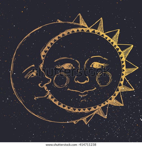 レトロなイラストの太陽と月の顔 タトゥー 線描き ビンテージグラフィック のベクター画像素材 ロイヤリティフリー