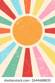 Retro illustration of the sun with rays in the style of the 70s vintage poster with texture