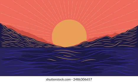 Ilustración retro con una puesta de sol sobre una cordillera con olas y un sol. Paisaje de estilo minimalista con textura dibujada a mano.