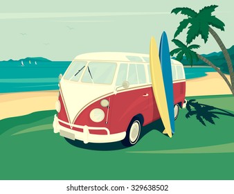 Retro illustration of surfer red bus with two surfboards on the tropical beach. Two palm trees and blue ocean behind. Flat modern design