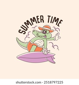 retro illustration of surfing crocodile cartoon character