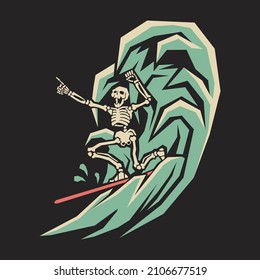 Retro illustration of surfing skeleton