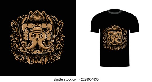 retro illustration tako samurai for tshirt design, badge design character with engraving ornament