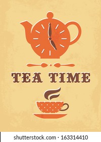 Retro illustration of teapot with clock face and tea cup in vector