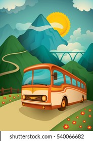 Retro illustration of a travel bus in the nature with mountain and sky. Vector illustration.