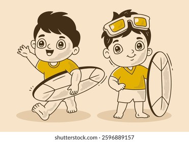 Retro illustration of Two Boys Having Fun With Surfboards, mascot character