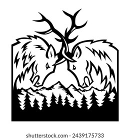 Retro illustration of two head of bull elk, Cervus canadensis or wapiti fighting in Rocky Mountain National Park, Colorado, United States on isolated background in black and white.