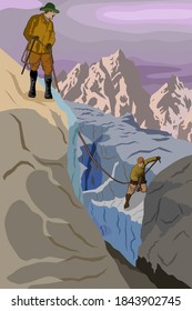 Retro illustration of two men climbers overcoming a crack in a glacier vector