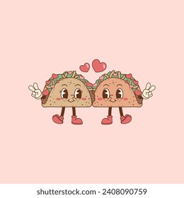 retro illustration of two tacos in love, tacos as a couple
