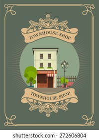  Retro illustration vector composition urban scene in a circular shape and vintage pattern