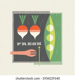 Retro illustration of vegetables including peas and radishes. 
Healthy eating design for posters, menus, decor and social media.
Mid century bauhaus style vector illustration.