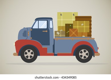 retro illustration of a vintage delivery truck with parcels, viewed from the side. Flat design commercial vehicle, side view