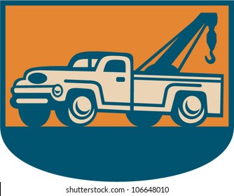 Retro Illustration Of A Vintage Tow Wrecker Pickup Truck Viewed From Side.