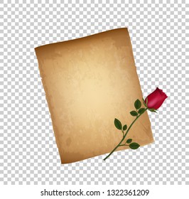 Retro Illustration of Worn Aged Parchment and Red Rose Flower Isolated on Transparent Background. Birthday Celebration Paper Texture. Valentines Day Card. Grunge Backdrop. Invitation. Realistic Vector